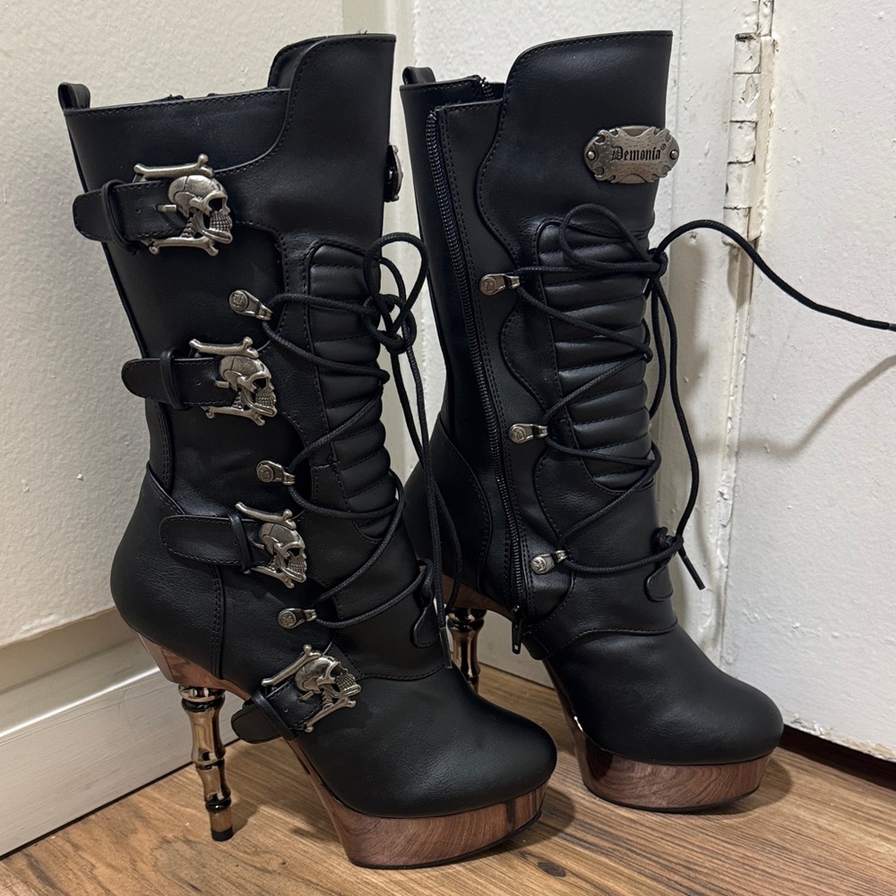 Demonia Black Lace-Up Boots with Bronze Heels